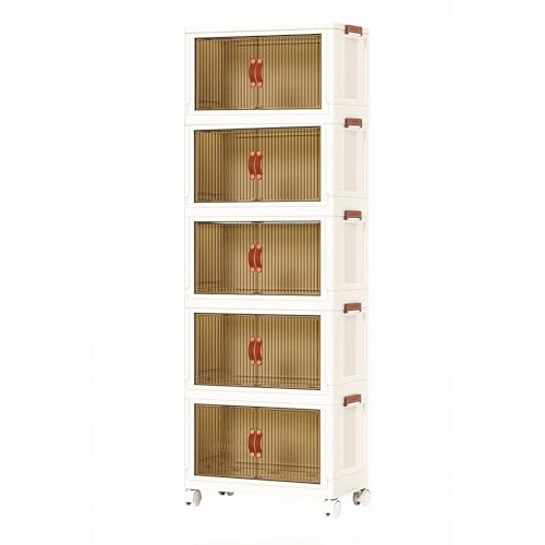 5 Tier Plastic Stackable Storage Bins and Boxes Organizer, Foldable Containers, Stackable Closet Organizers, Collapsible Boxes, White (5 Tier, 23.6″)