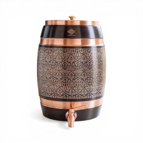 Image of Indian Art Villa Copper Water Pot Dispenser 7.6 Liters with Tap & Lid, Embossed Black Printed Design, Ayurvedic Copper Water Storage for Home, Office, Parties & Gifting, Traditional Stylish Drinkware