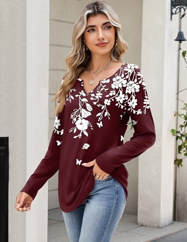 Image of Zeagoo Long Sleeve Shirts for Women Fall Tops Casual Dressy V Neck Blouses Boho Tunic Western Clothes Vacation Outfits
