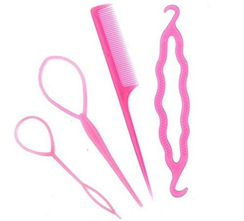 1Set 4pcs Pink Plastic Magic Hair Styling Tools Hair Pull Dish Needle Hair Comb Tools Bump Up Clip Bun Maker Hairpin DIY Accessories Braid Ponytail Holder For Women Girls Lady