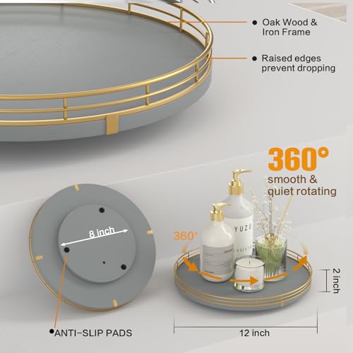 Image of 12 inch Wooden Lazy Susan Turntable for Cabinet - Roud Rotating Spice Rack Organizer, Gray Kitchen Countertop Tray for Dining Table & Pantry Storage (Gray & Gold)