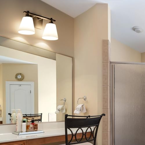 Image of Bathroom Vanity Light Fixtures, Brushed Nickel 2 Lights Traditional Vanity Lighting Fixture with Opal Glass Shade, Porch Wall Mount Light Fixture for Bathroom, Mirror Cabinets Hallway Stairs