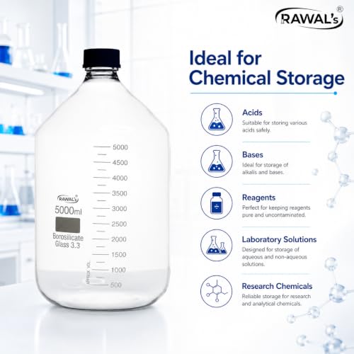 Image of RAWAL'S 5000ml Borosilicate Glass Reagent Bottle - Heavy-Duty Lab Bottle with Leak-Proof Screw Cap | Chemical Storage Container for Laboratory, Scientific, Industrial & Professional Use