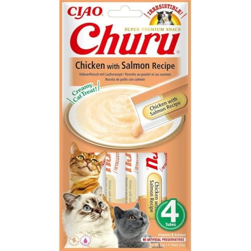 Ciao Churu Sticks by INABA Cat Treat - Chicken with Salmon Recipe Flavour (4 x 14g) / Soft & Creamy Treat, Delicious & Healthy Snack, Purée Food Topper, Pill Assist, Natural, Grain Free, Wet Cat Food