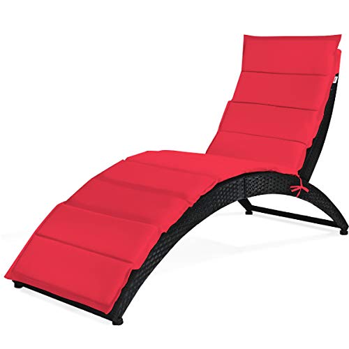Relax4Life Folding Patio Lounge Chair - Portable Wicker Pool Lounger W/Removable Cushion, All Weather Chaise Lounge Outdoor For Garden, Poolside, Balcony, Sunbathing Chair (1, Red) #TOP23