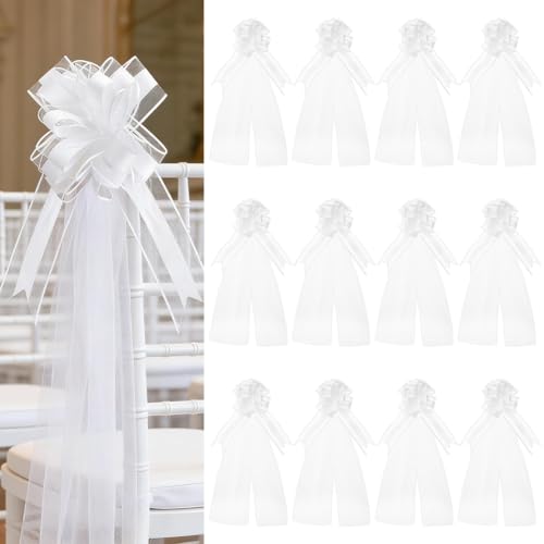 BENECREAT Ensemble de 12 Grands Nœuds de Banc de Mariage Blancs avec Longues Traînes de Tulle, Décoration de Banc d'Église Nœuds à Tirer Blancs pour...