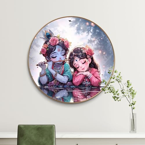 Image of Livin'luxe Baby Radha Krishna Round Art Print with Golden Frame | Cute Flute HD Art Print for Kids Room Pooja Living Room (23x23 Inch) Art-GR-205