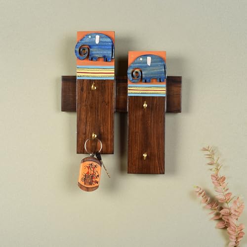Image of AAKRITI ART CREATIONS Key Holder, Elephant Bros Key Hanger | Rustic Wood Wall Organizer with 4 Hooks | New Home Gifts | Multifunctional Entryway Decor Item