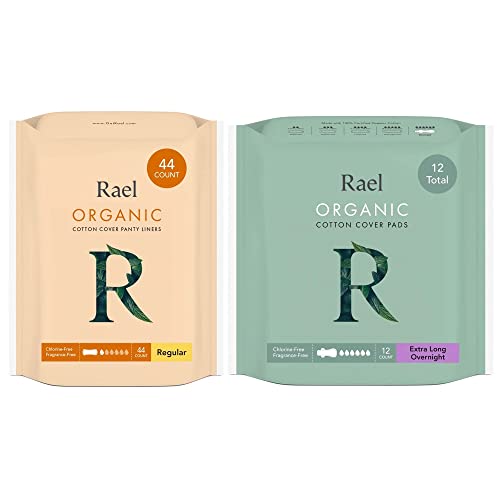 Rael Organic Cotton Cover Panty Liners (Regular, 44 Count) & Extra Long Overnight Pads (12 Count) Bundle