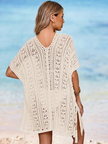 Womens Crochet Knit Swimsuit Coverup Beach Dress Summer 2025 Oversized V Neck Cap Sleeve Bathing Suit Cover Up3