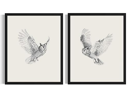Great Horned Owl Black and White Art Print Poster, Vintage Sketch Drawing Animals Painting Minimalis
