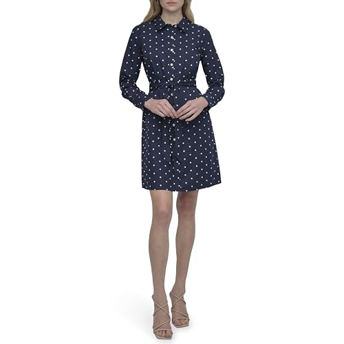 Image of DKNY Women's Long Sleeve Collared Tie Fit & Flare Mini Dress