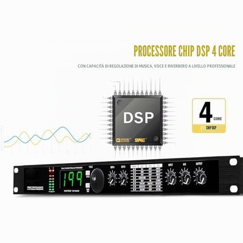Equalizzatore processore audio professionale con Digital Reverb DSP, elaborazione del segnale a 24 bit, 99 programmi preimpostati, 199 effetti sonori, riduzione automatica del rumore