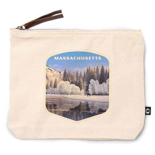 Lantern Press Massachusetts, Lithograph, Lone Deer by Snowy Lake, 100% Cotton Zipper Pouch, Travel Accessory, Go Bag