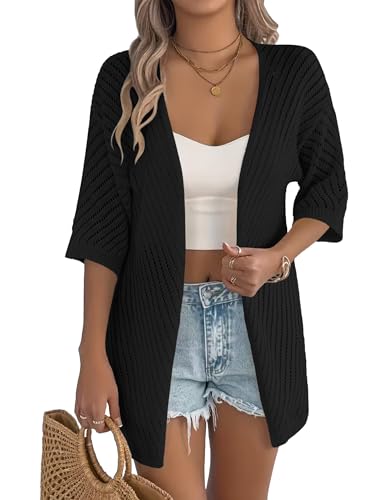 Image of Zeagoo Lightweight Summer Cardigan for Women Short Sleeve V Neck Crochet Kimonos Loose Open Front Hollow Out Cover Ups