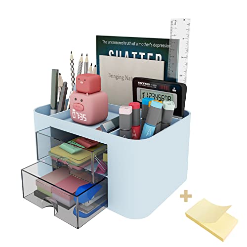 Hmfmdy Desk Organizer and Accessories, Desktop Storage with 2 Drawers, Plastic Makeup Organiser, Pen Holder for Desk, Desk Storage for Office, School, Home - Blue