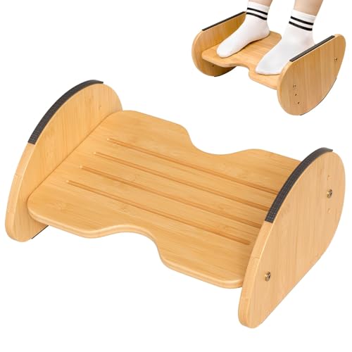 Foot Rest Under Desk, Bamboo Foot Stool, 2-in-1 Reversible Rocking Footrest Adjustable Foot Stool, Ergonomic Footrest for Under Gaming Desk, Feet Support Leg Footstools for Home Office