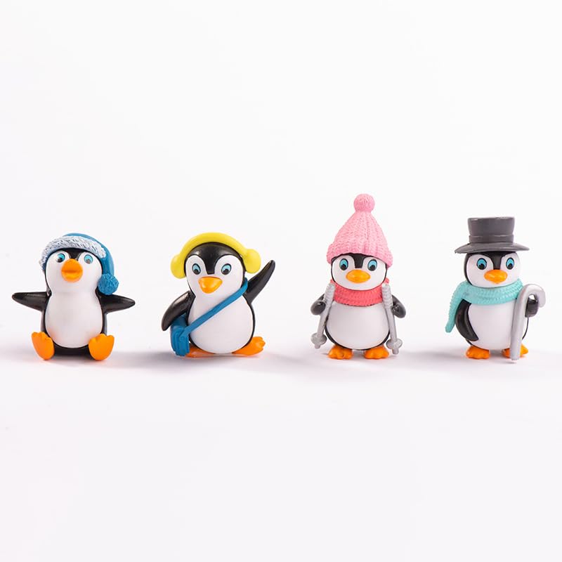 Image of 4PCS Mini Penguin Figurines Set, Cute Resin Penguin Decorations with Winter Hats, Scarf, Earmuffs & Cane, Christmas Village Accessories, Fairy Garden Miniatures, Desk Shelf Home Decor