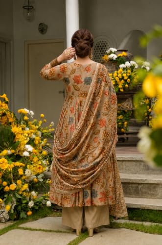 Image of ANNI Designer Kurta Set for Women Viscose Blend Printed | Kurti Set for Woman | Umbrella Kurta Palazzo Dupatta 3 Piece Outfit | Square Neck 3 /4 Sleeve Regular Fit Ethnic Dress Stylish Clothing
