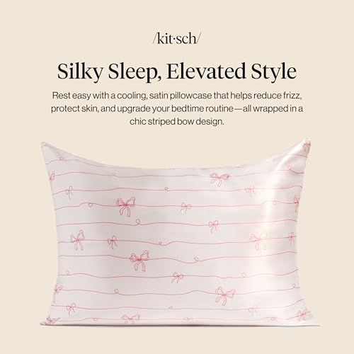 Image of Kitsch Satin Pillowcase with Zipper - Standard Size, Striped Bows | Softer Than Silk Pillow Cases, Smooth Cooling Satin Pillow Case for Hair and Skin, Wrinkle-Free, Machine Washable
