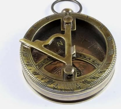 Reloj de sol antiguo de latón con brújula y estuche de cuero, instrumento náutico vintage, coleccionable marítimo, brújula de bolsillo funcional para exteriores, senderismo y camping miniatura 5