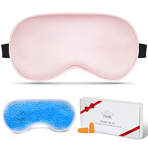 Cooling Eye Mask for Sleeping, Silk Sleep Mask w/Gel Eye Mask, Heated Eye Masks, Blindfold Eye Cover Women Sleeping Mask for Home, Office, Travel, Yoga, Medditation, Stocking Stuffers(Pink)