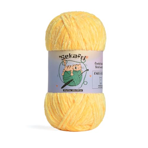 Image of Fuzzy Chenille Yarn for Crocheting,Fluffy Amigurumi Crochet Yarn for DIY Craft /Hat /Shoes,(100 g /197 yds) Soft Velvet Baby Blanket Yarns（Light Yellow）