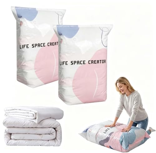 2Pcs NoPump Vacuum Storage Bags Large Cube Vacuum Seal Bags Press & seal No Pump Needed for Jumbo Clothes Bedding Comforters OffSeason Gear (L)