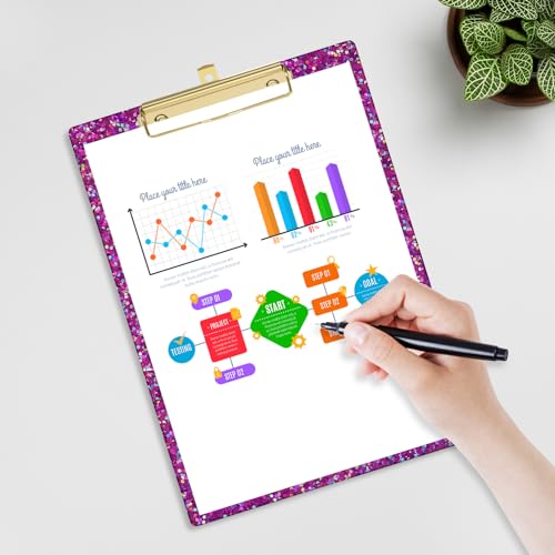 Image of Acrylic Confetti Clipboards, Sparkly Clip Board with Low Profile Gold Clip, Designed for Classroom School and Office Use, A4 Letter Size 9 x 12.5 in, Deep Purple