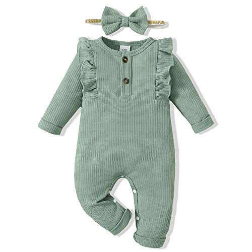 Image of Renotemy Newborn Infant Baby Girl Clothes Cotton Linen Rompers Solid Ruffle Jumpsuits Infant Baby Clothes Girl