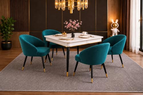 Image of WOODEN SPACE 4 Seater Wooden Dining Table Set | Urban Marble Top Dining Table with Chairs for Dining Room & Kitchen (Modern Classic Sea Blue) (42 x 42 x 30 inch)
