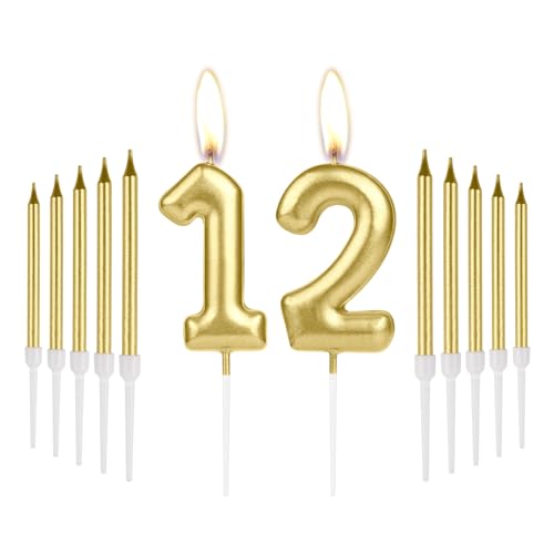 iNINGER Gold 12th Birthday Number Candles,Gold Long Stick Candles,Number 12 Candle Cake Cupcake Toppers for Girl Boy,Gold Candles for Cake,Birthday Party Wedding Anniversary Decorations, BS-ZGJS12