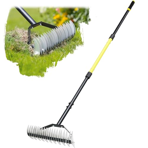 JARDINEER Thatch rake & Manual Dethatcher Tool- Heavy Duty Dethatching Rake for Lawn Care with 21 Stainless Steel Tines-15-Inch Wide Thatching Rake for Efficient Grass De-thatching