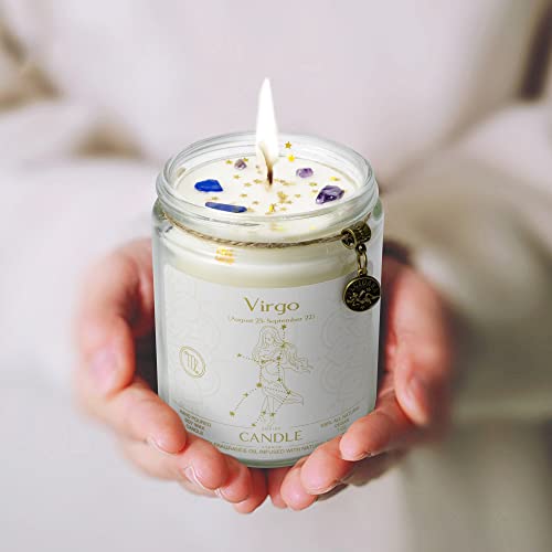 YTENTE Zodiac Sign Candles, Zodiac Crystal Sign Candles,Astrology Scented Candles Best Friends Gifts for Women, Men Sister Brother Zodiac Funny Birthday Gift Candle Jar (Virgo)