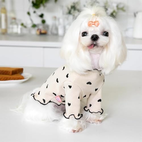 Yaopelky Haustierkleidung für kleine Hunde und Katzen, Sommer, Herbst, Herzmuster, dehnbar, Rüschen, langärmelige Outfits für Chihuahua, Schnauzer, Shih Tzu, Yorkie (Kaffee, M)