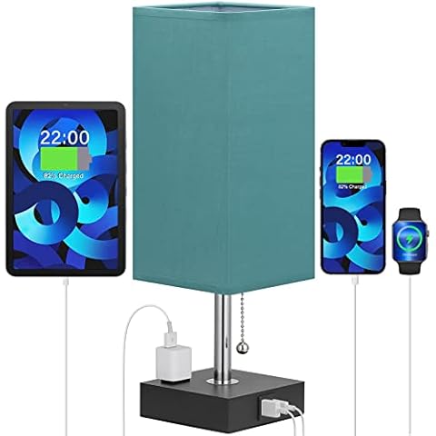Bedside Lamp with USB Port and Outlet - Table Lamp with USB C + A Charging Port & AC Outlet for Bedroom, Small Nightstand Light for Dresser, Grey Desk Lamp with Type C for Living Room Guest(Green) Cover