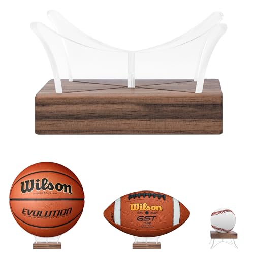 Acrylic Basketball Display Stand with Walnut Wood Base, Basketball Holders for Balls, Non-Slip Stand...