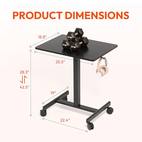 Image of Standing Desk on Wheels, Pneumatic Adjust, Carbon Fiber+Black
