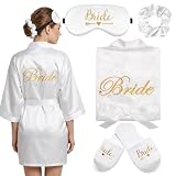 PWCTNT Bride Bademantel, Braut Morgenmantel, für Hochzeitsvorbereitungen und Junggesellinnenabschied, 4 teiliges Ensemble mit Schlafanzug, Schlafmaske, Hausschuhen und Haargummi in Weiß