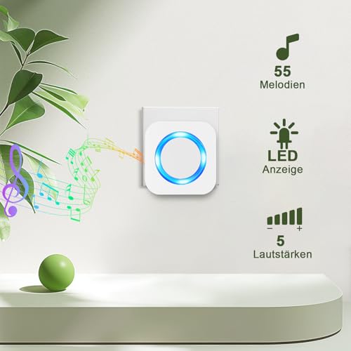 SURFOU Funkklingel, Türklingel 400m Reichweite Kabellose Klingel mit Plug-In-Empfänger Haustür Aussen Wasserdicht Drahtlos Hausklingel mit 55 Klingel, 5 Lautstärken (1 Weiß Empfänger + 2 Weiß Sender)