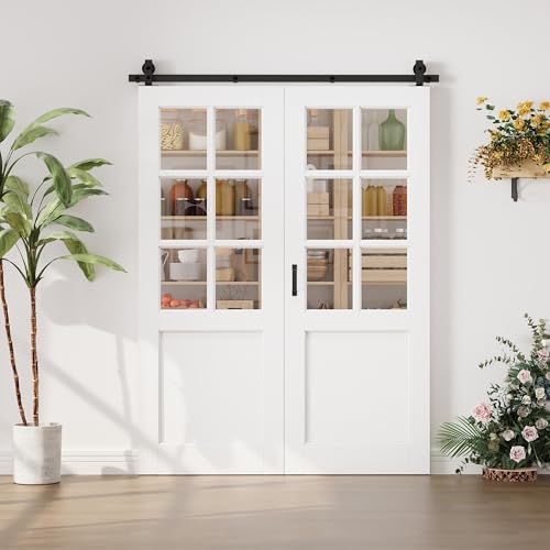 Image of 48 inchx80 inch Bifold Barn Door and 64 inch Track Kit, Upper 6-Lite Clear Glass Design