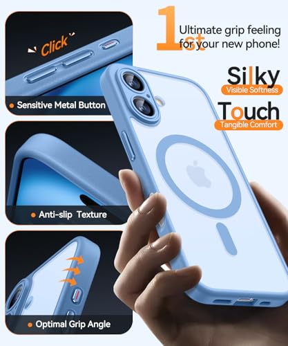 CANSHN Magnetic for iPhone 16 Case, Upgraded [Full Camera Protection] [Compatible with Magsafe] [Translucent Matte] Shockproof Protective Phone Case for iPhone 16 - Light Blue