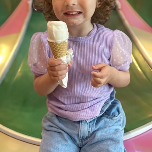 Image of OPAWO Toddler Girl Shirts Short Sleeve Ribbed Cotton Baby Tee Girls Tops | Polka dot tulle puff sleeves, Super soft and lightweight, Solid color, Versatile, Fit for summer, 12 Months to 8 Years