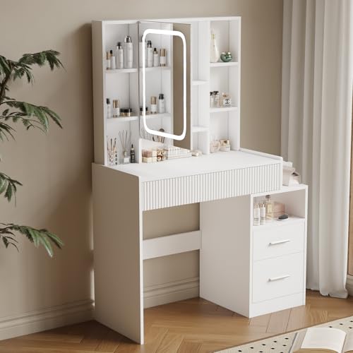 HOMAVO Schminktisch SZG1 mit Spiegel, Wolkenweiß, 96,5 x 40 x 141 cm, 3 Schubladen, 8 Fächer, Dimmbare Beleuchtung, Modern