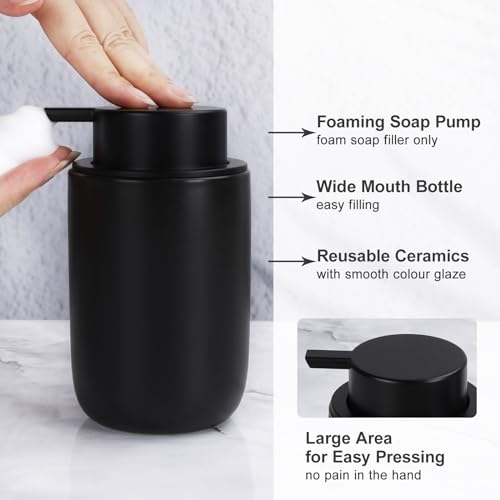 Image of BosilunLife Black Ceramic Bathroom Accessories Set of 4 | Bathroom Decor Sets Accessories Bathroom Foam Soap Dispenser and Toothbrush Holder Set, Soap Dish, Apothecary Jars.(Foam)