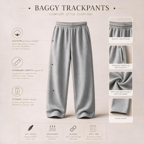 Image of MARK LOUIIS Men's Baggy Trackpants | Regular Fit Cotton Sweatpants with Drawstring Waist & Side Zipper Pockets | Oversized Casual Track Pants for Gym