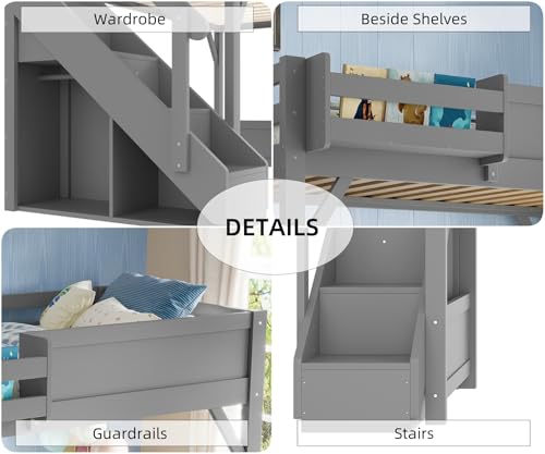 Image of KEIKI Solid Wood Twin Size Loft Bed Frame with Stairs Built-in Wardrobe | Twin Size Loft Bed with Storage Shelves, Full-length Guardrails, No Box Spring Needed for Bedroom, Dorm, Gery