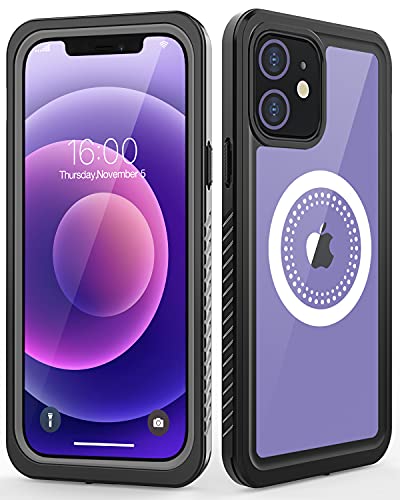 Diverbox Compatible with iPhone 12 Case Waterproof,Shockproof Dust-Proof Magnetic Wireless Charging Supported with Built-in Screen Protector for iPhone 12(6.1inch) (Black Clear)