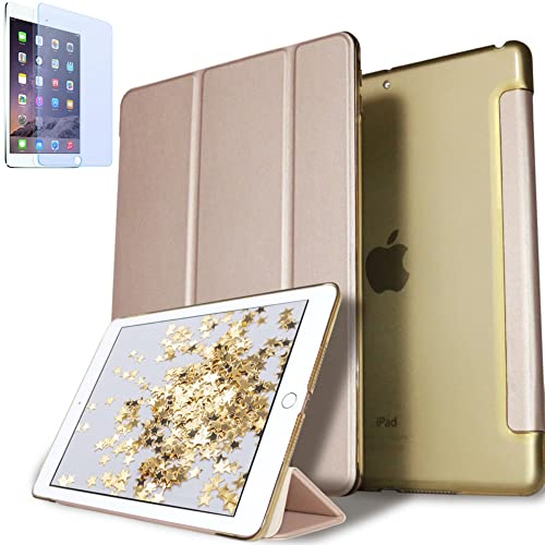 GWAAN【強化ガラスフィルム付き(ブルーライトカット)】iPad 9.7インチ 第6世代 第5世代(2018年/2017年) iPad Air iPad Air2 兼用ケース スマートカバー 三つ折り保護カバー クリアバックケース 自立スタンド・オートスリープ機能 軽量・薄型・ハードタイプ