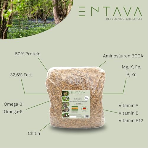 ENTAVA Soldatenfliegenlarven getrocknet 5kg - Getrocknete Insekten in Premium-Qualität, Soldatenfliegen für Vögel, Amselfutter, Koifutter, Igelfutter, Eichhörnchenfutter, Futter für Wildvögel